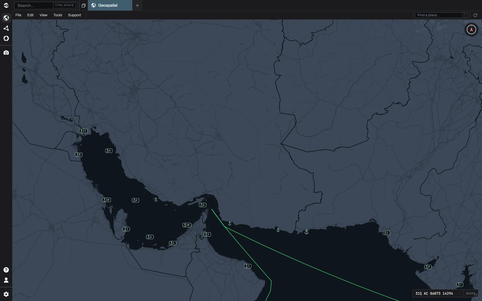 The Persian Gulf and the Strait of Hormuz in Alcazar, with ports and shipping lanes