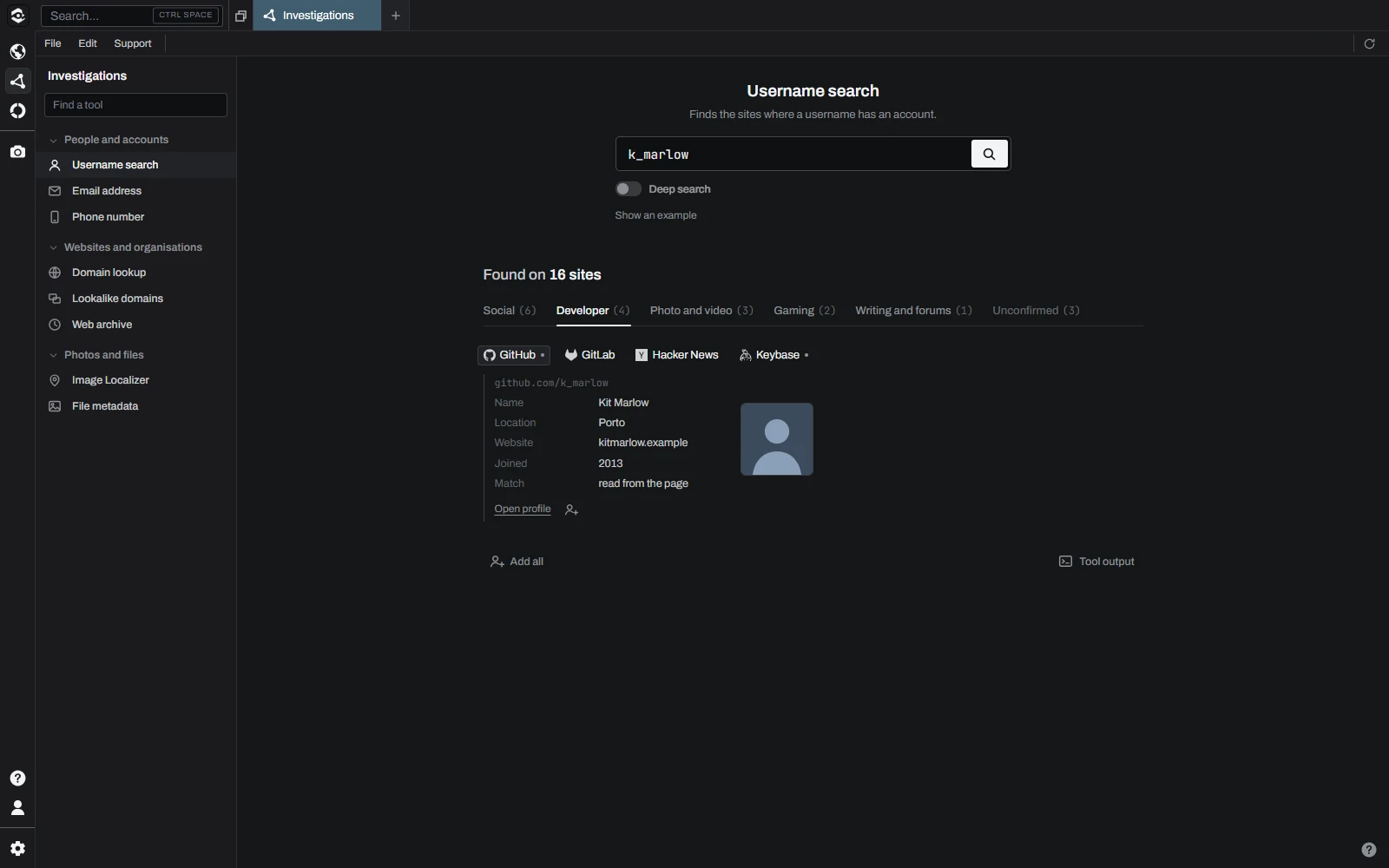 A username search in Alcazar, with the accounts found sorted by kind of site and one profile opened